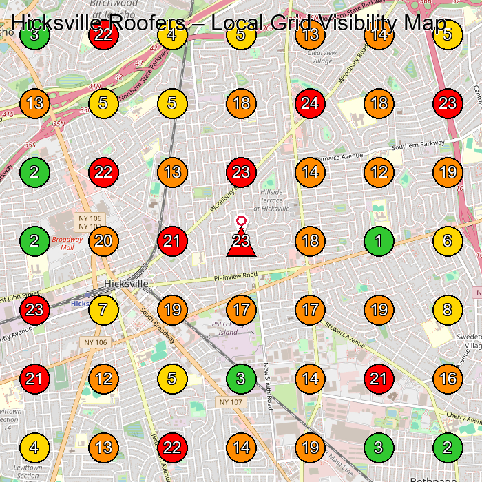 Hicksville Roofers Roofing Contractor GeoGrid ranking map for Hicksville NY
